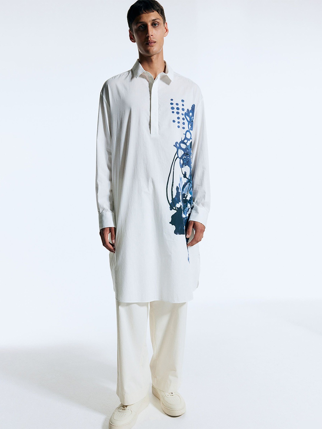 

H&M Abstract-Print Cotton Shirt Kaftan, White