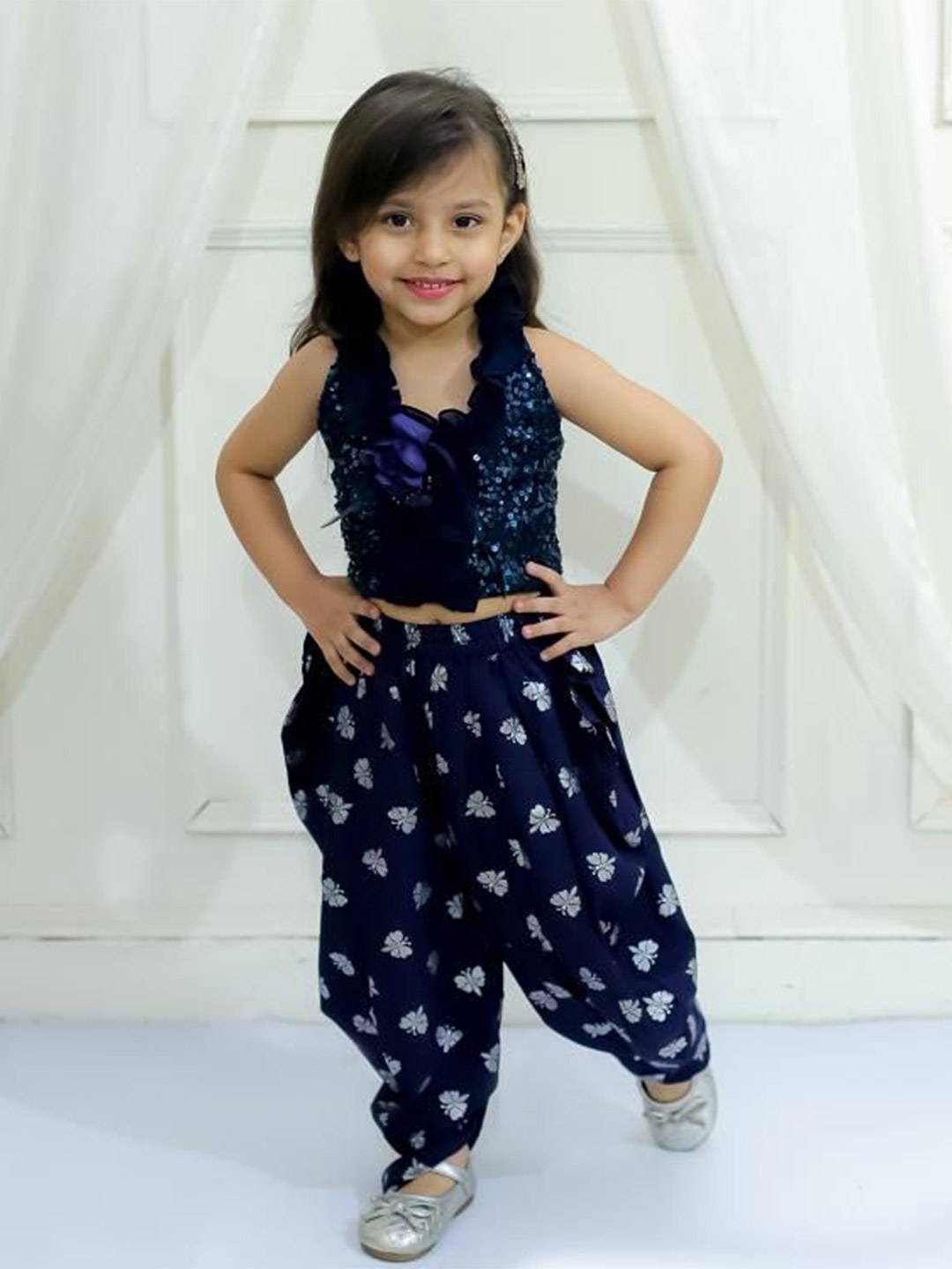 

Twisha Girls Printed Sequinned Halter Neck Sleeveless Top With Dhoti Pants, Navy blue