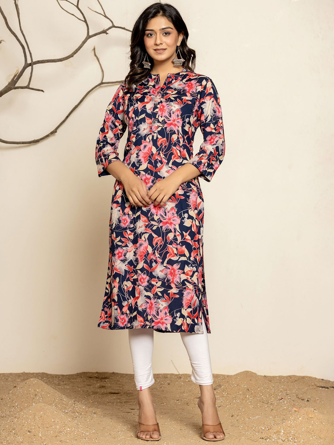 

Rouhab Floral Printed Straight Kurta, Beige