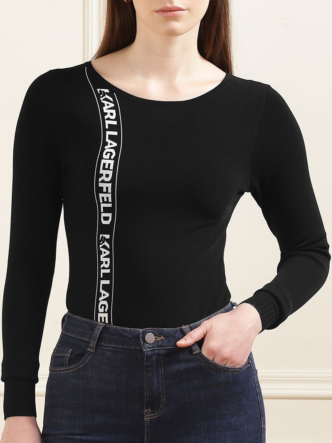 

Karl Lagerfeld Women Typography Printed Round Neck Top, Black