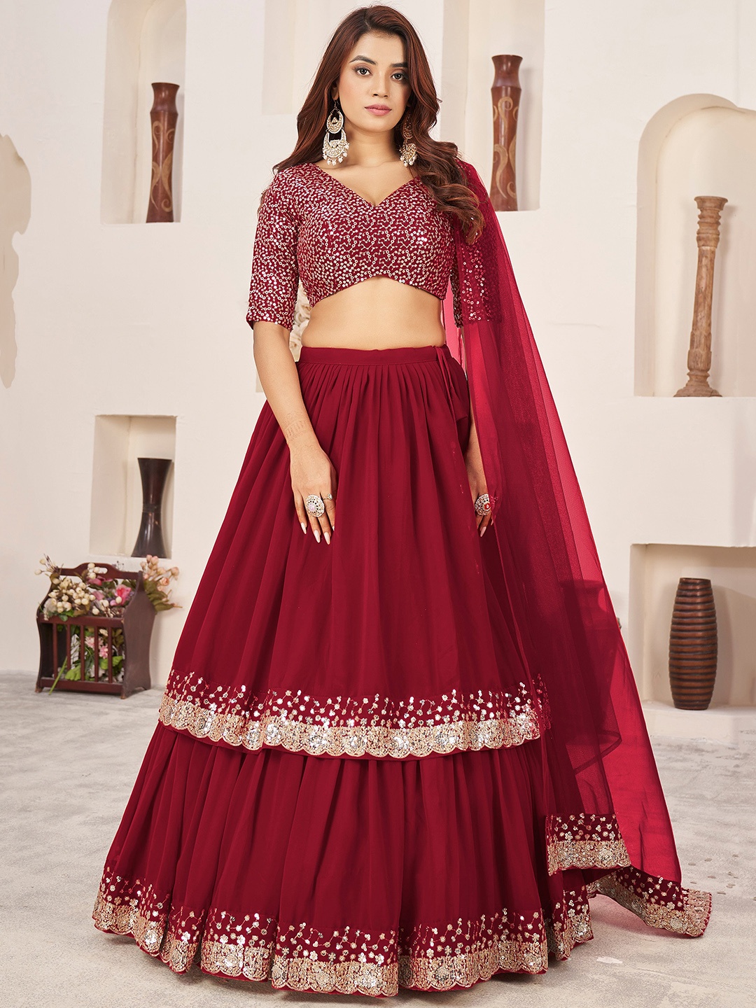 

FABPIXEL Floral Sequinned Georgette Semi-Stitched Lehenga & Unstitched Blouse & Dupatta, Maroon