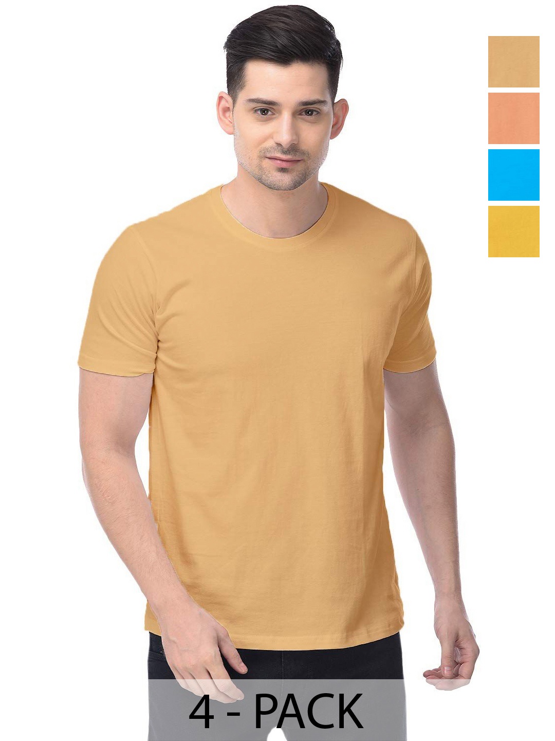 

COLOR CAPITAL Unisex Pack Of 4 Solid Round Neck Cotton T-shirts, Mustard