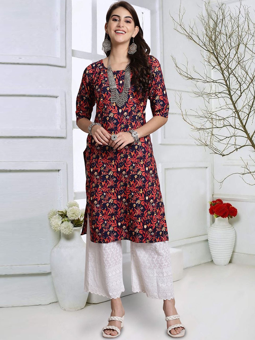 

7Threads Floral Printed Crepe Straight Kurta, Red