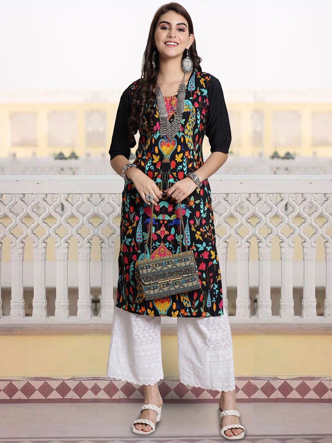 

7Threads Floral Printed Round Neck Straight Kurta, Black