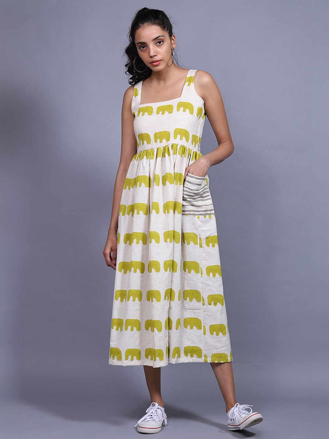 

The Yellow Bow Printed Cotton Sleeveless Fit & Flare Dress, Lime green