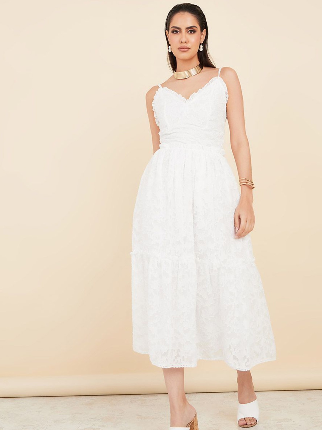 

Styli Strappy Self Design A-Line Midi Dress, White