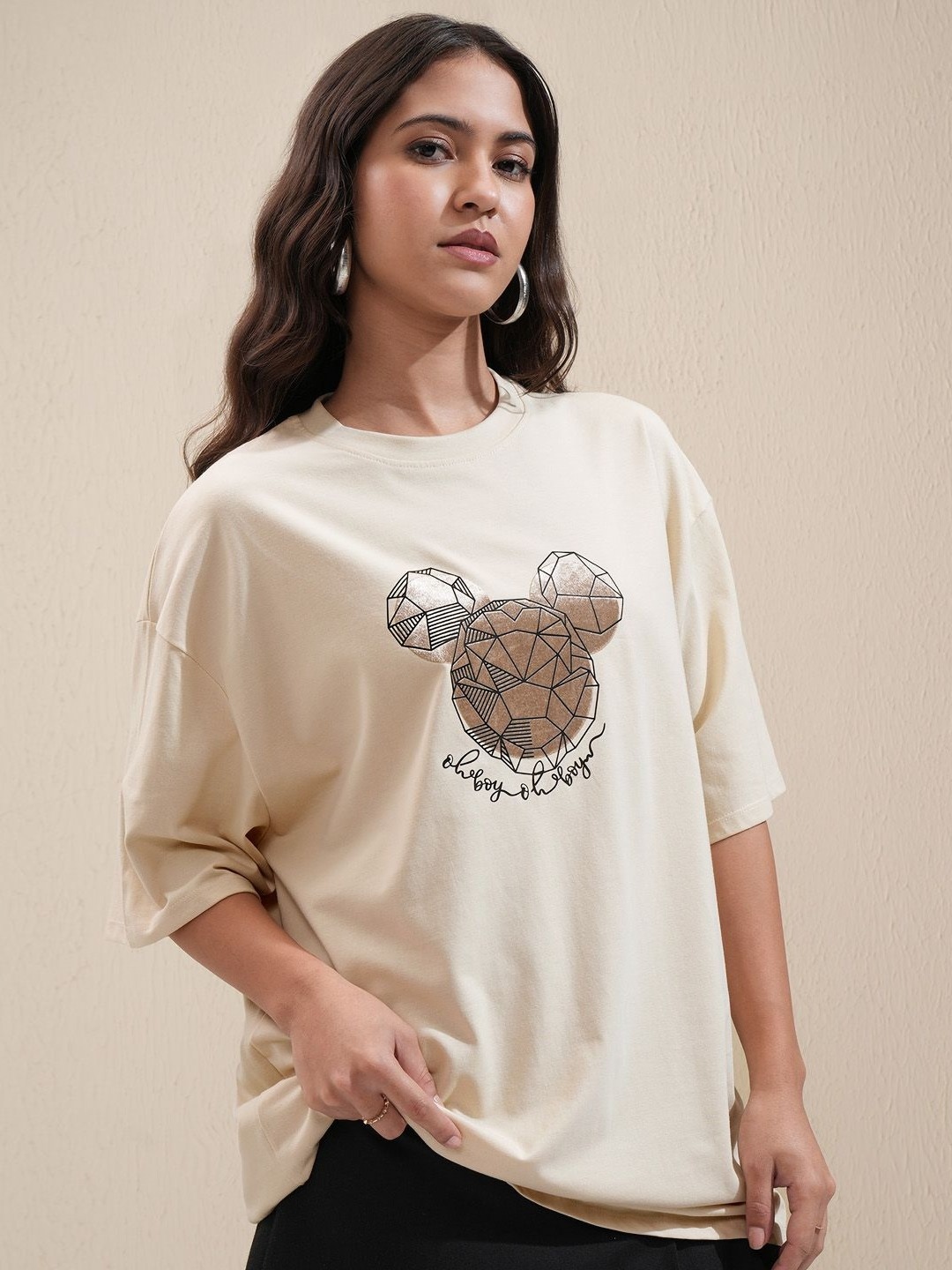 

Tokyo Talkies Women Mickey Mouse Printed Extended Sleeves T-shirt, Beige
