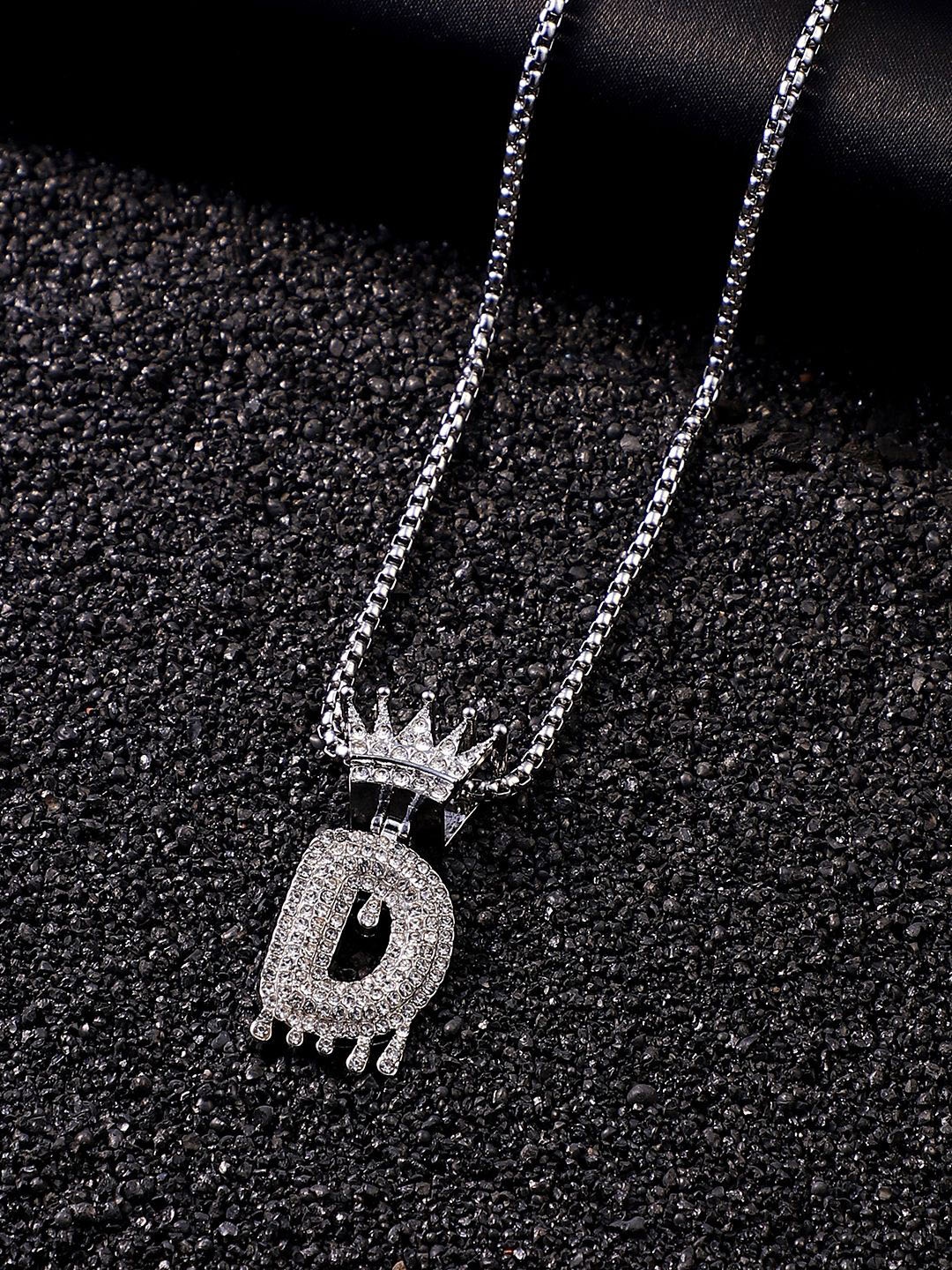 

French Accent Men Silver-Plated Stone Studded Drip Alphabet-D Pendants With Chain