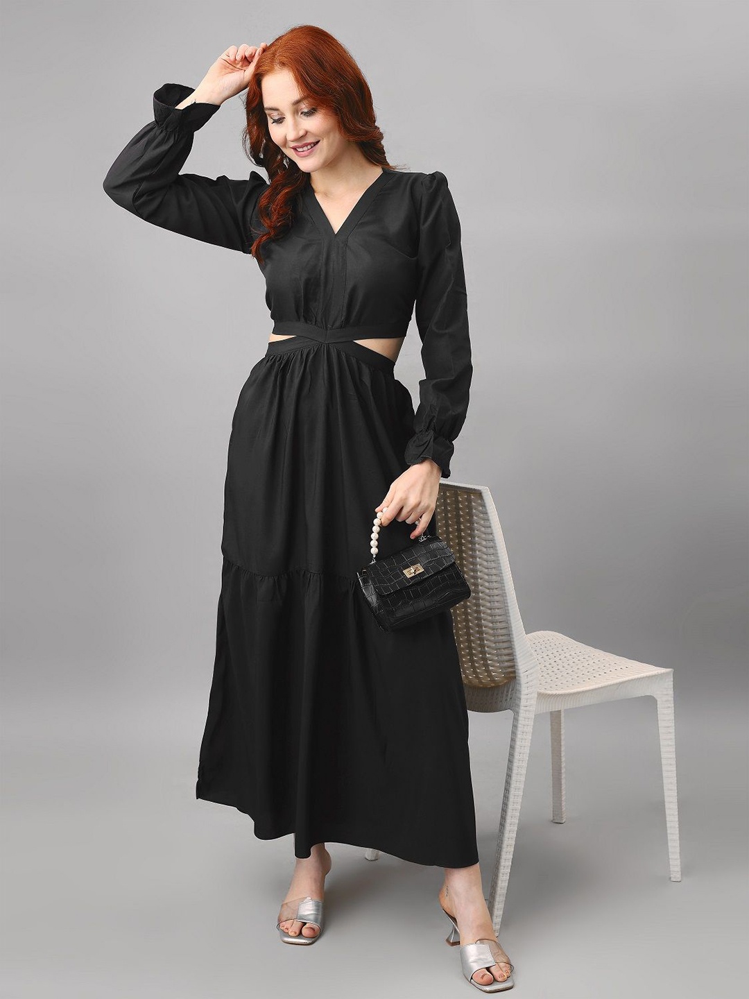 

Femvy Women Puff Sleeve Applique Maxi Party Wear Dress, Black