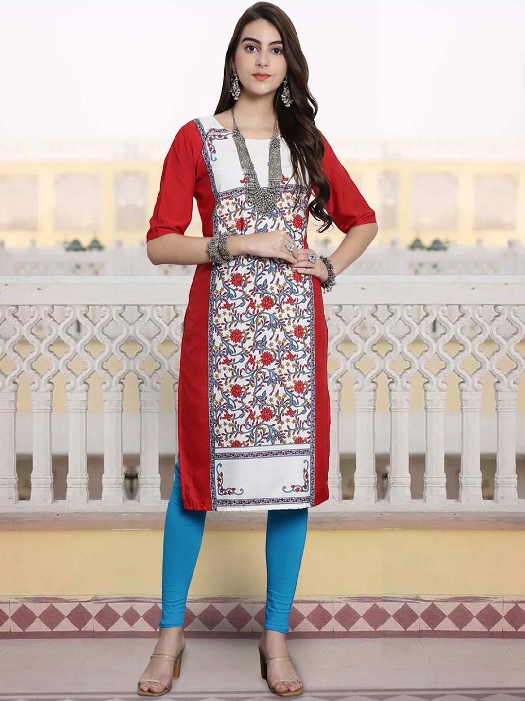 

7Threads Women Printed Patchwork Floral Crepe Kurta, Multi