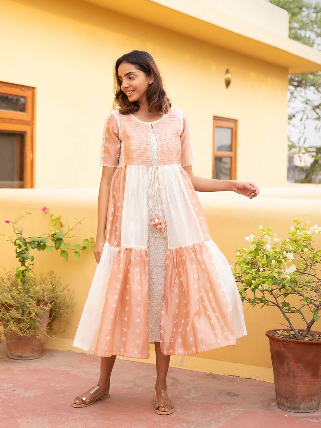 

The Yellow Bow Floral Printed Empire Midi Tiered Jacket Dress, Peach