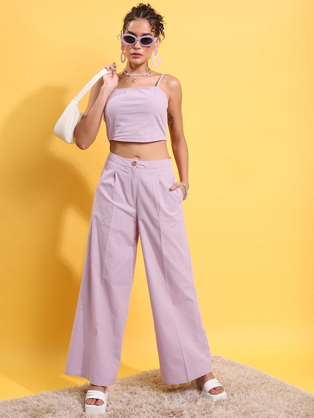 

Tokyo Talkies Lavender Shoulder Straps Smocked Pure Cotton Crop Top With Trouser