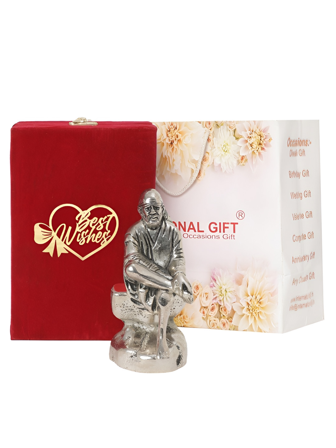 

INTERNATIONAL GIFT Silver Toned Sai Baba Idol Metal Showpiece With Velvet Box & Bag