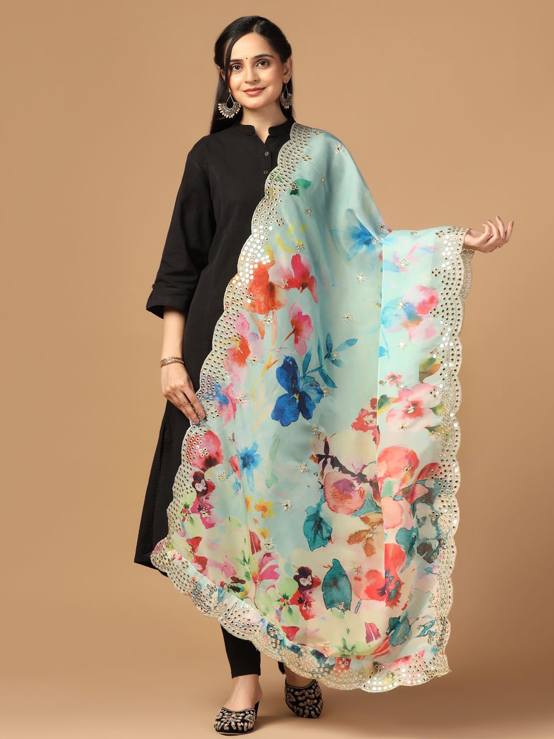 

Kaizen TEXO FAB Floral Printed Mirror Work Organza Kalamkari Dupatta, Sea green