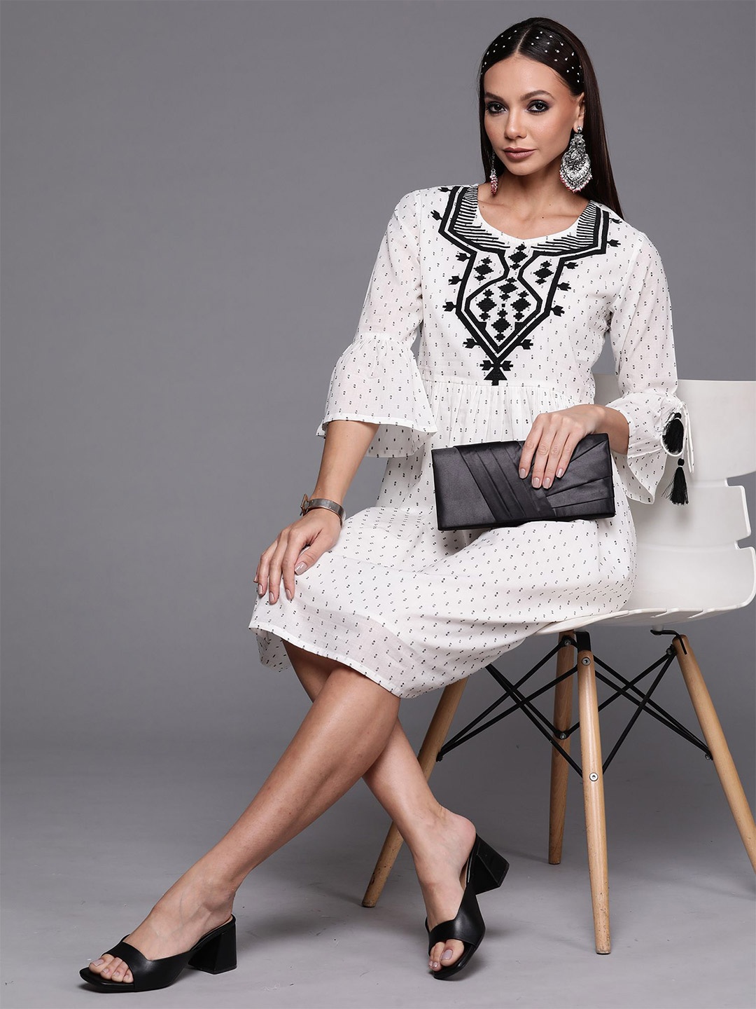 

Indo Era Embroidered Flared Sleeve Ruffled A-Line Midi Dress, White