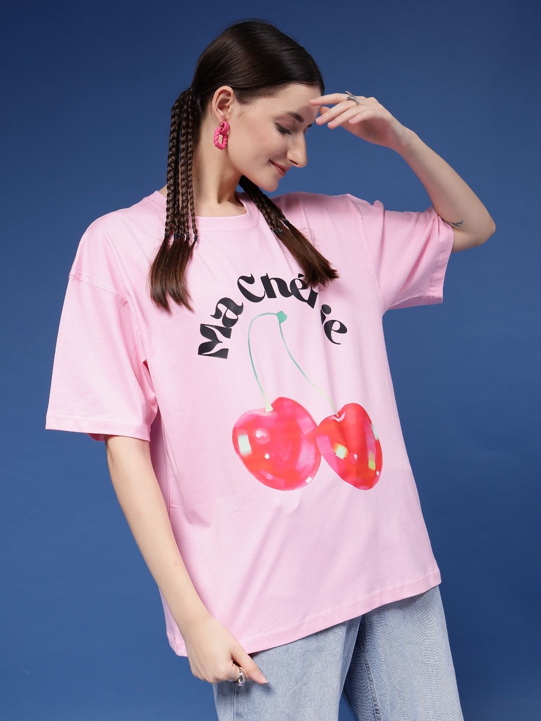 

Popster Women Graphic Printed Round Neck Pure Cotton Oversized T-shirt, Pink