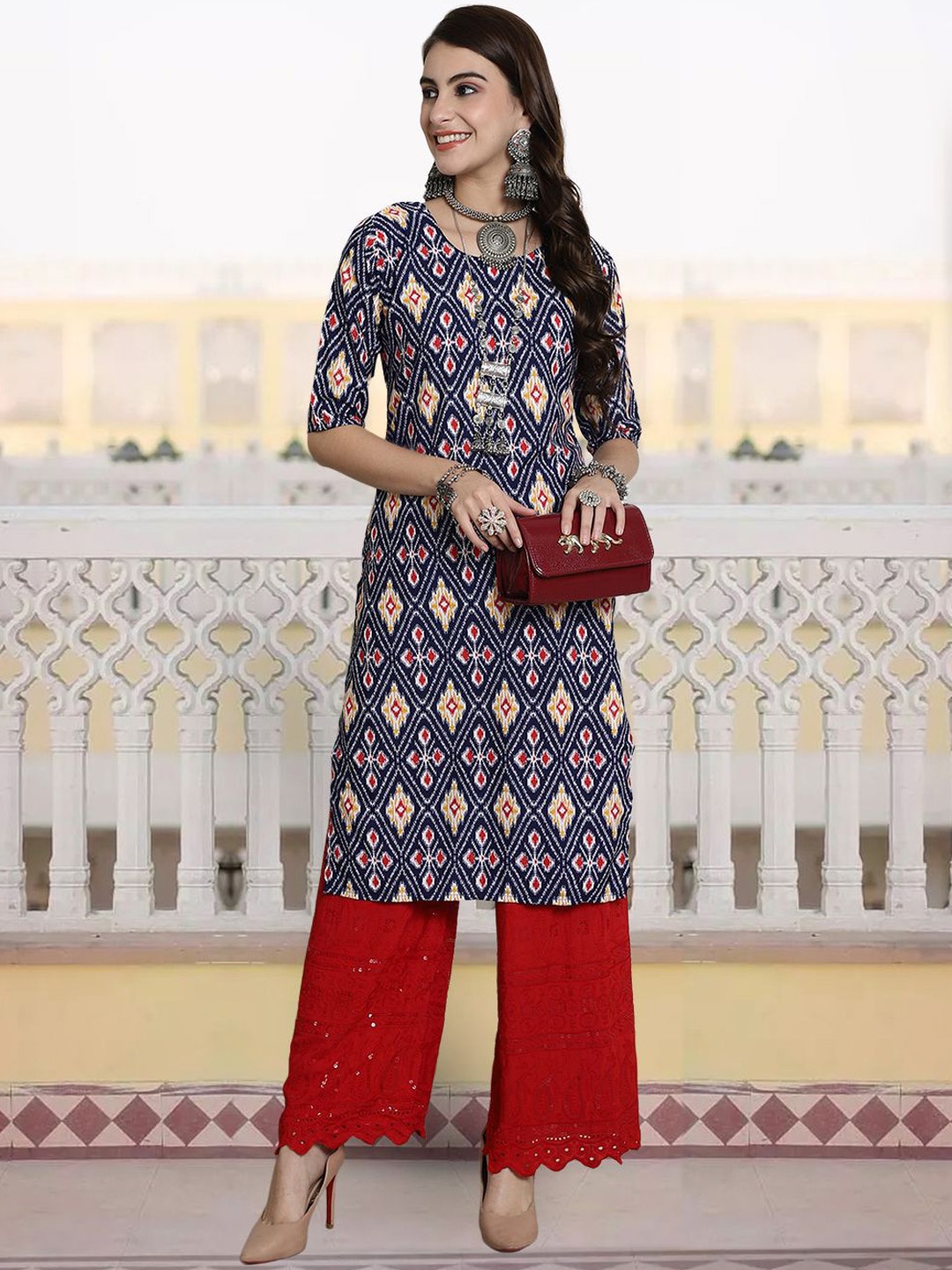 

7Threads Women Printed Patchwork Floral Crepe Kurta, Multi