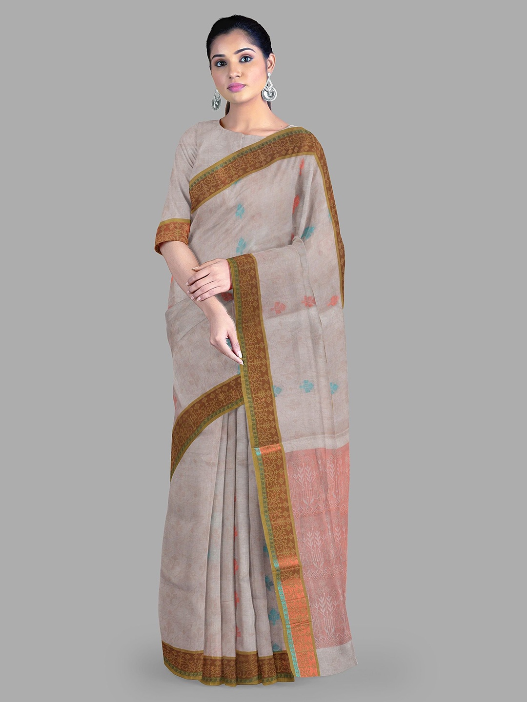 

The Chennai Silks Floral Zari Pure Cotton Kovai Saree, Brown