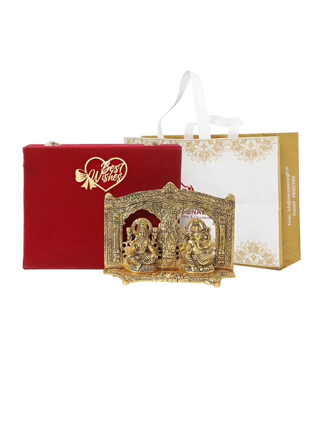 

INTERNATIONAL GIFT Gold Toned Laxmi Ganesh Idol Metal Showpiece With Velvet Box & Bag