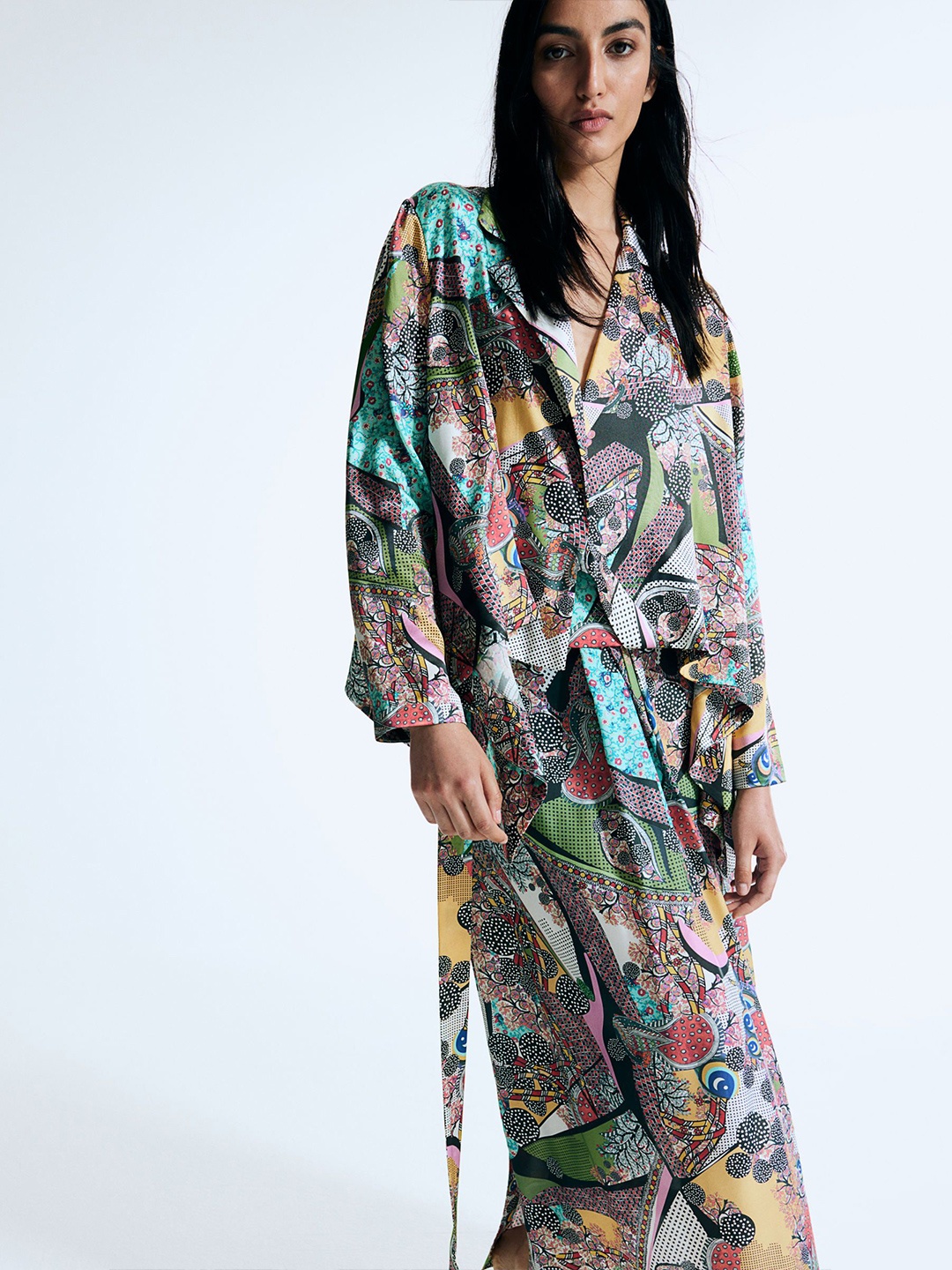 

H&M Tie-Belt Abstract-Motif Silk Shirt, Grey