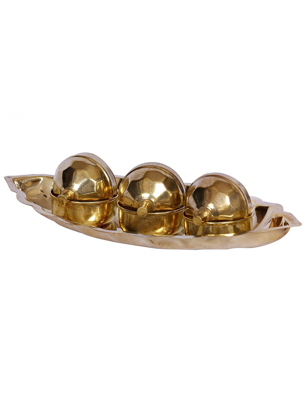 

Exotic India Gold Toned 4 Pieces Brass Kumkum Boxes With Leaf Plate