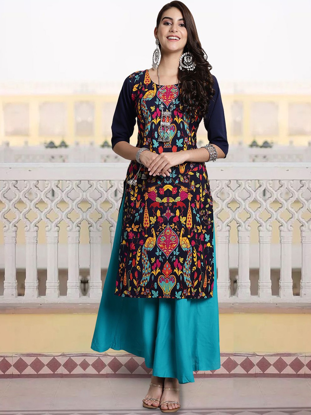 

7Threads Women Printed Patchwork Floral Crepe Kurta, Multi