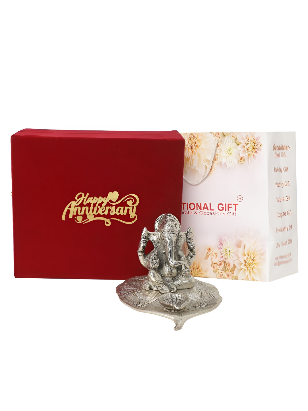 

INTERNATIONAL GIFT Silver Toned Patta Ganesh Idol Metal Showpiece With Velvet Box & Bag