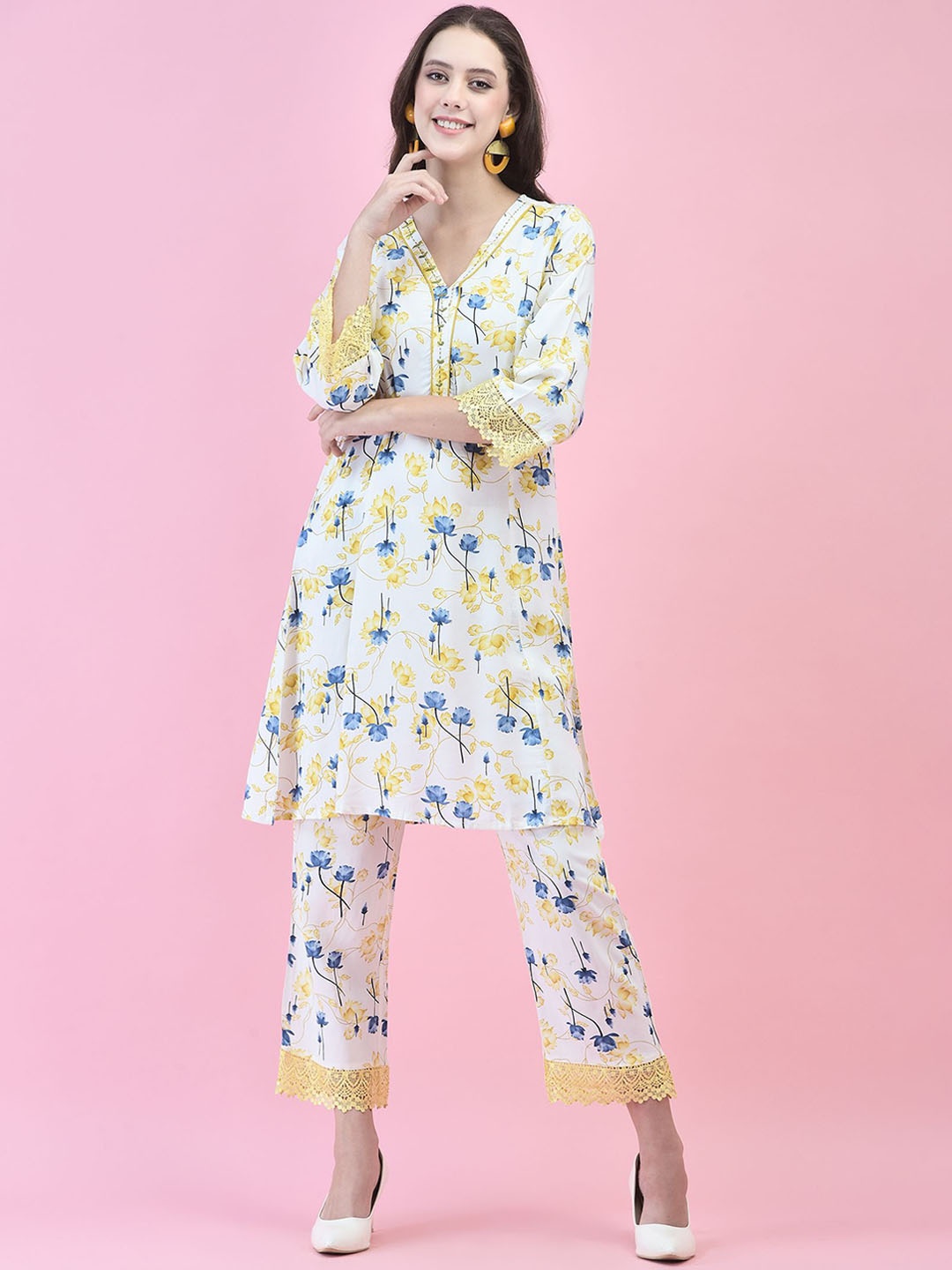 

Shree Floral Printed V Neck Tunic With Trousers, White