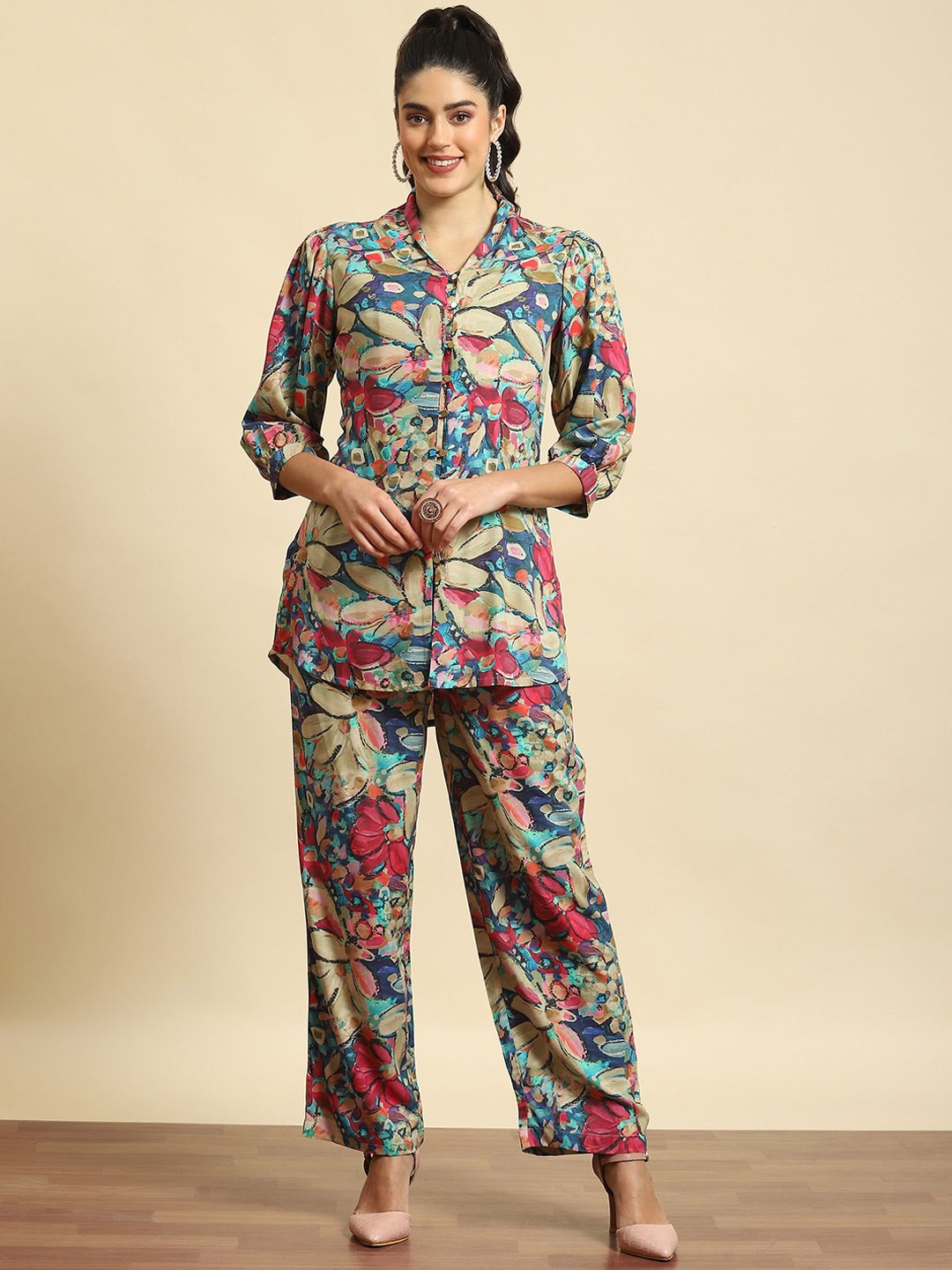 

Shree Printed Shawl Neck Tunic With Trouser, Blue