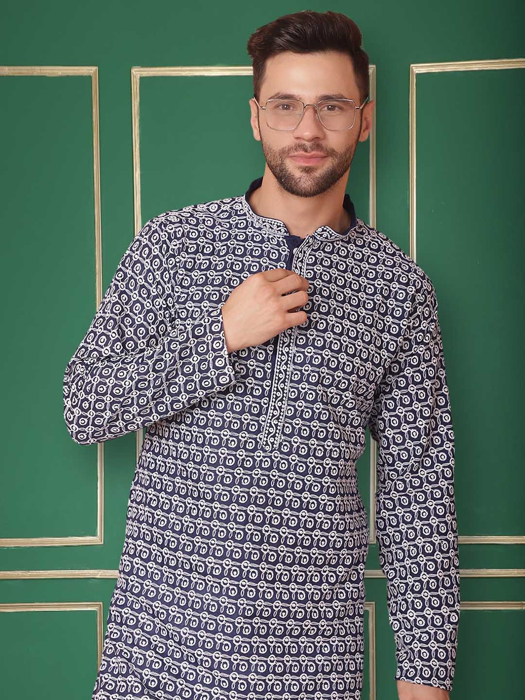 

Jompers Floral Embroidered Mandarin Collar Chikankari Kurta with Pyjamas, Navy blue