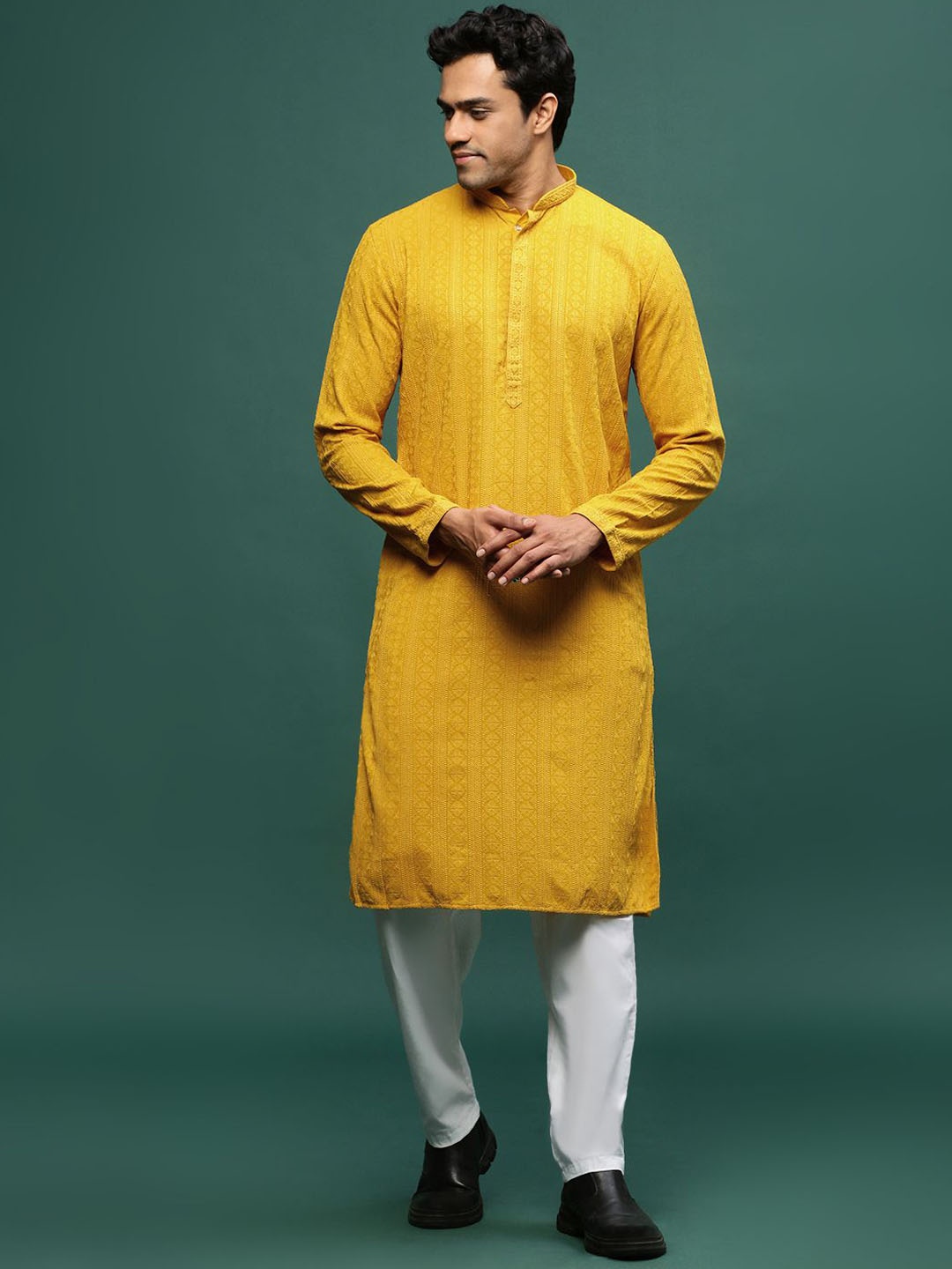 

Sangria Mustard yellow Chikankari Embroidered Mandarin Collar Cotton Straight Kurta