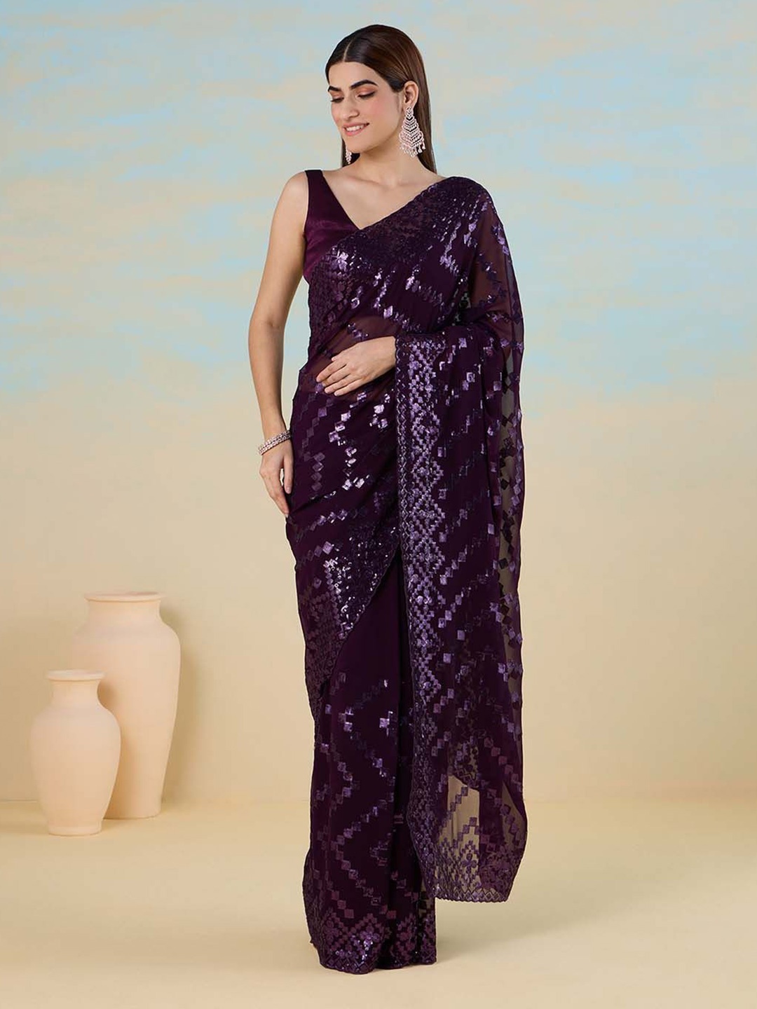 

Likha Embellished Sequinned Saree, Purple