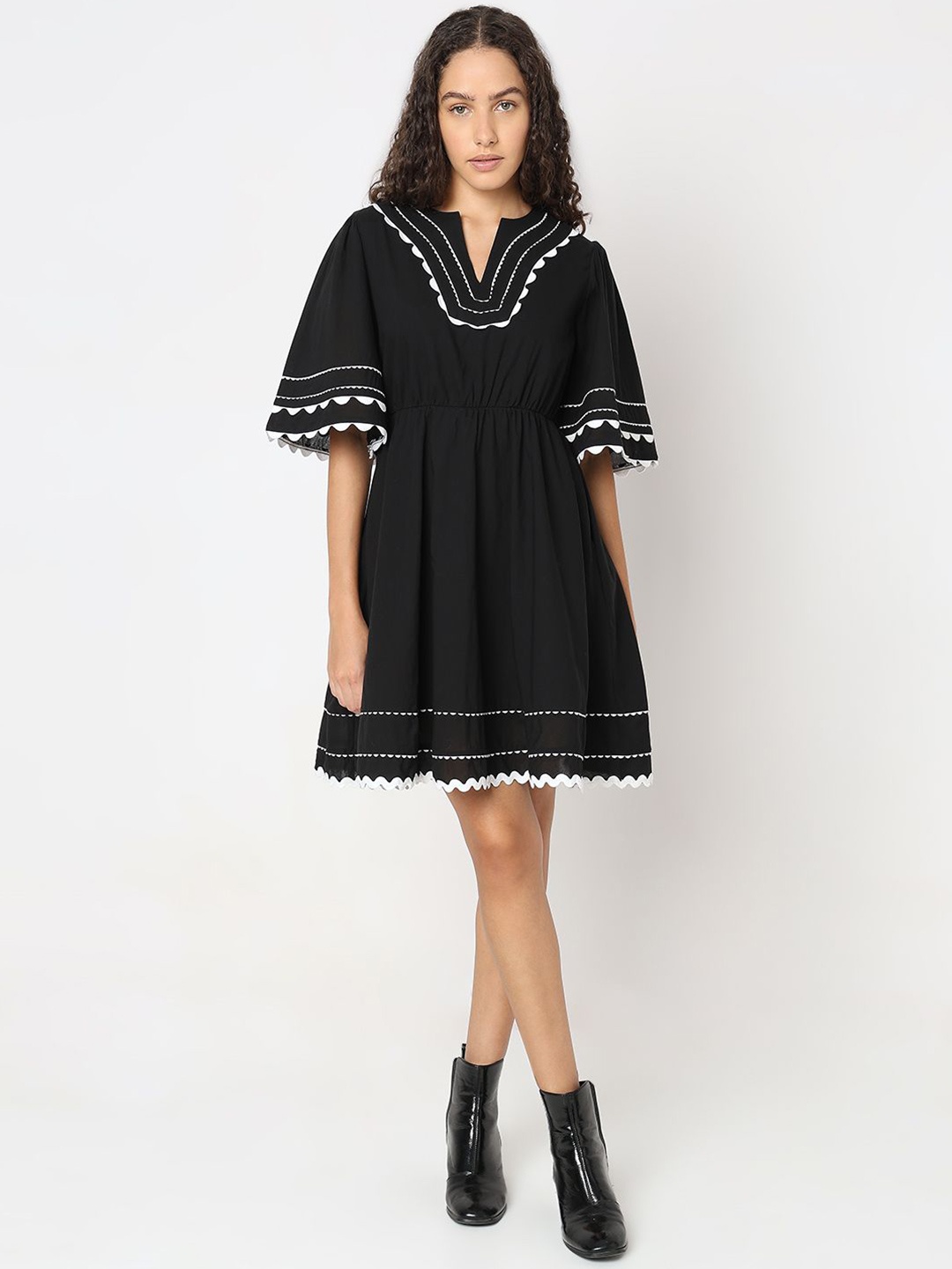 

Vero Moda Pure Cotton Flared Sleeve Fit & Flare Dress, Black