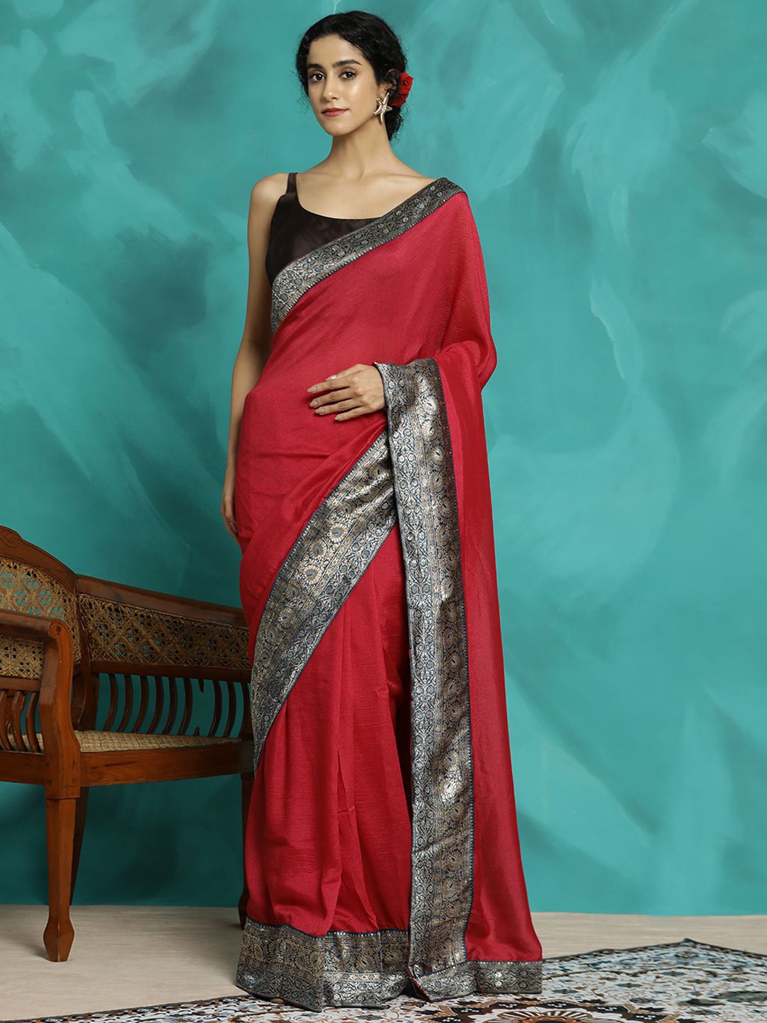 

Jaipur Kurti Party Wear Zari Woven Banarasi Saree, Maroon