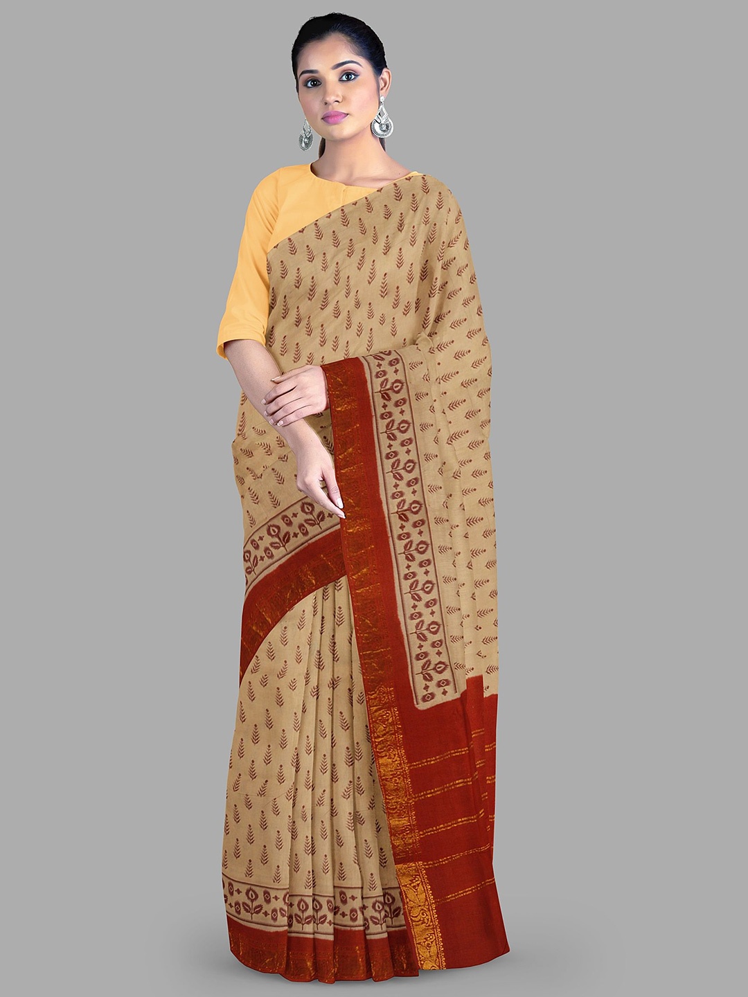 

The Chennai Silks Floral Zari Pure Cotton Printed Sungudi Saree, Brown