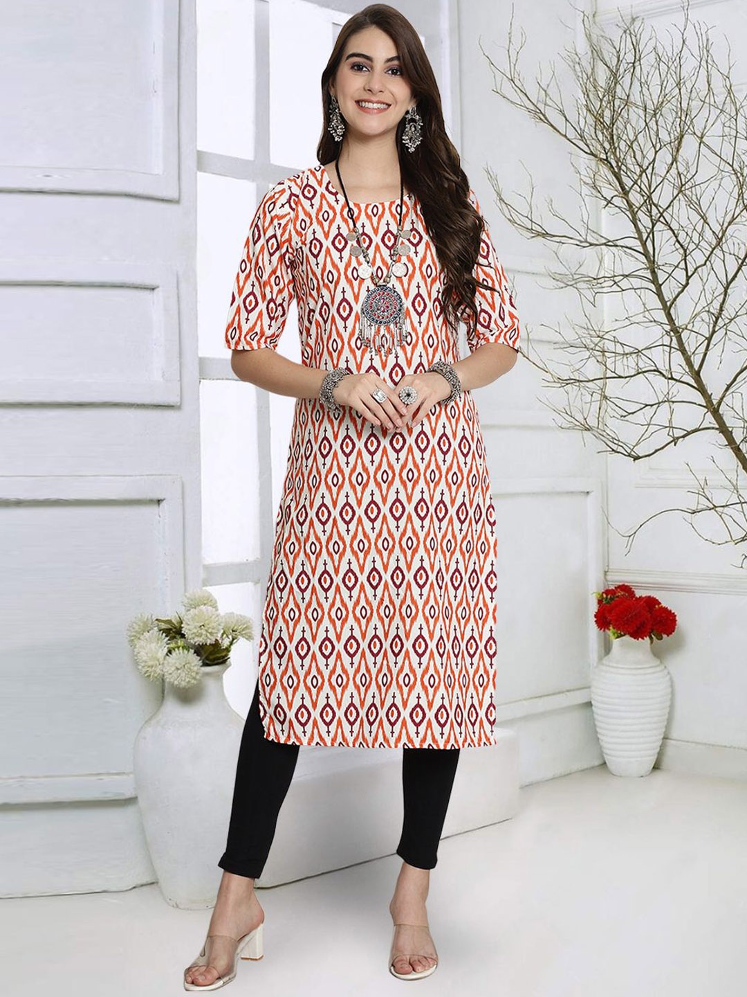 

7Threads Geometric Printed Round Neck Straight Kurta, White