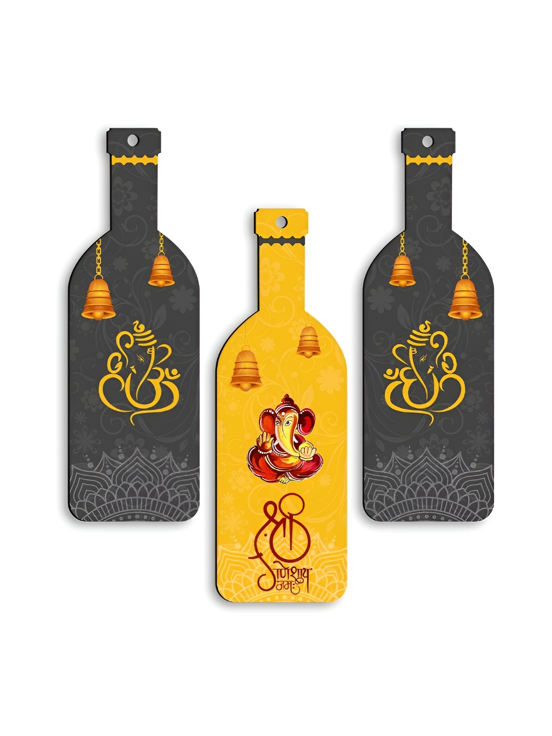 

CLAWCRAFTS Black & yellow 3 Pieces Ganesha Bottle Painting Wooden Wall Hangings