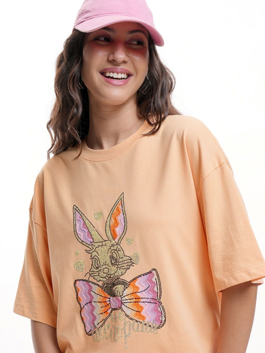 

Tokyo Talkies Women Graphic Printed Round Neck Cotton Oversized T-shirt, Peach