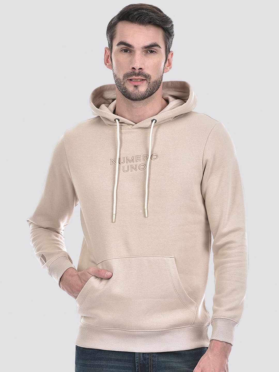 

Numero Uno Men Embroidered Typography Hooded Sweatshirt, Beige