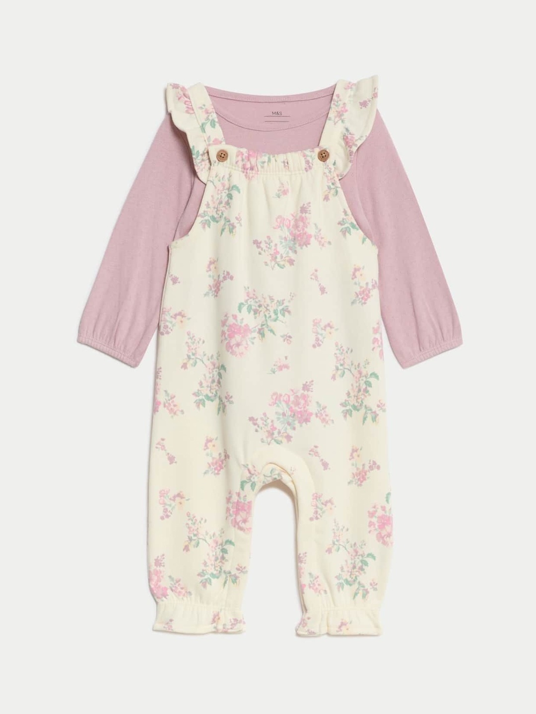 

Marks & Spencer Infant Girls Floral Printed Dungarees With Bodysuit, Cream