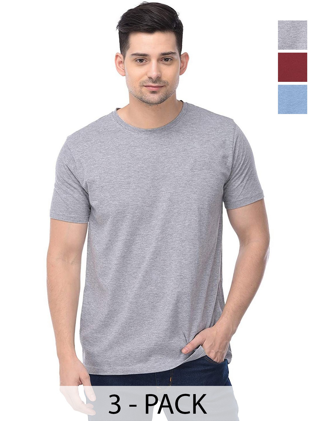 

COLOR CAPITAL Unisex Pack Of 3 Solid Round Neck Cotton T-shirts, Grey