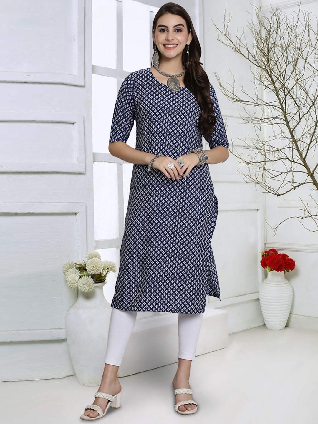 

7Threads Ethnic Motifs Printed Round Neck Straight Kurta, Blue