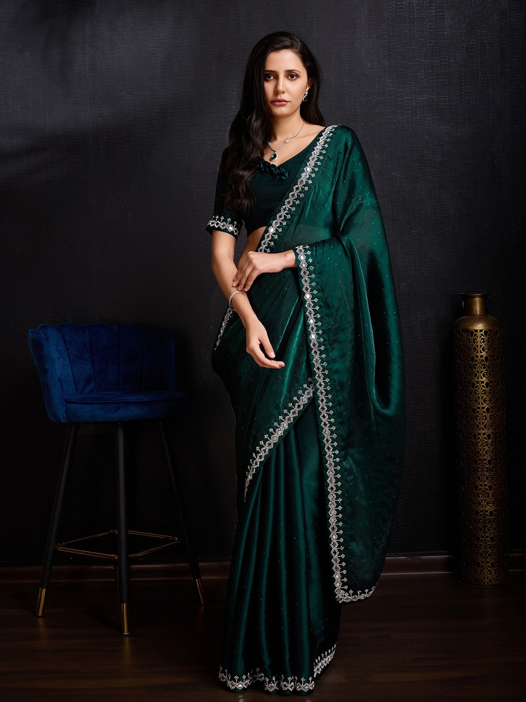 

Munir Embellished Mirror Work Saree, Green