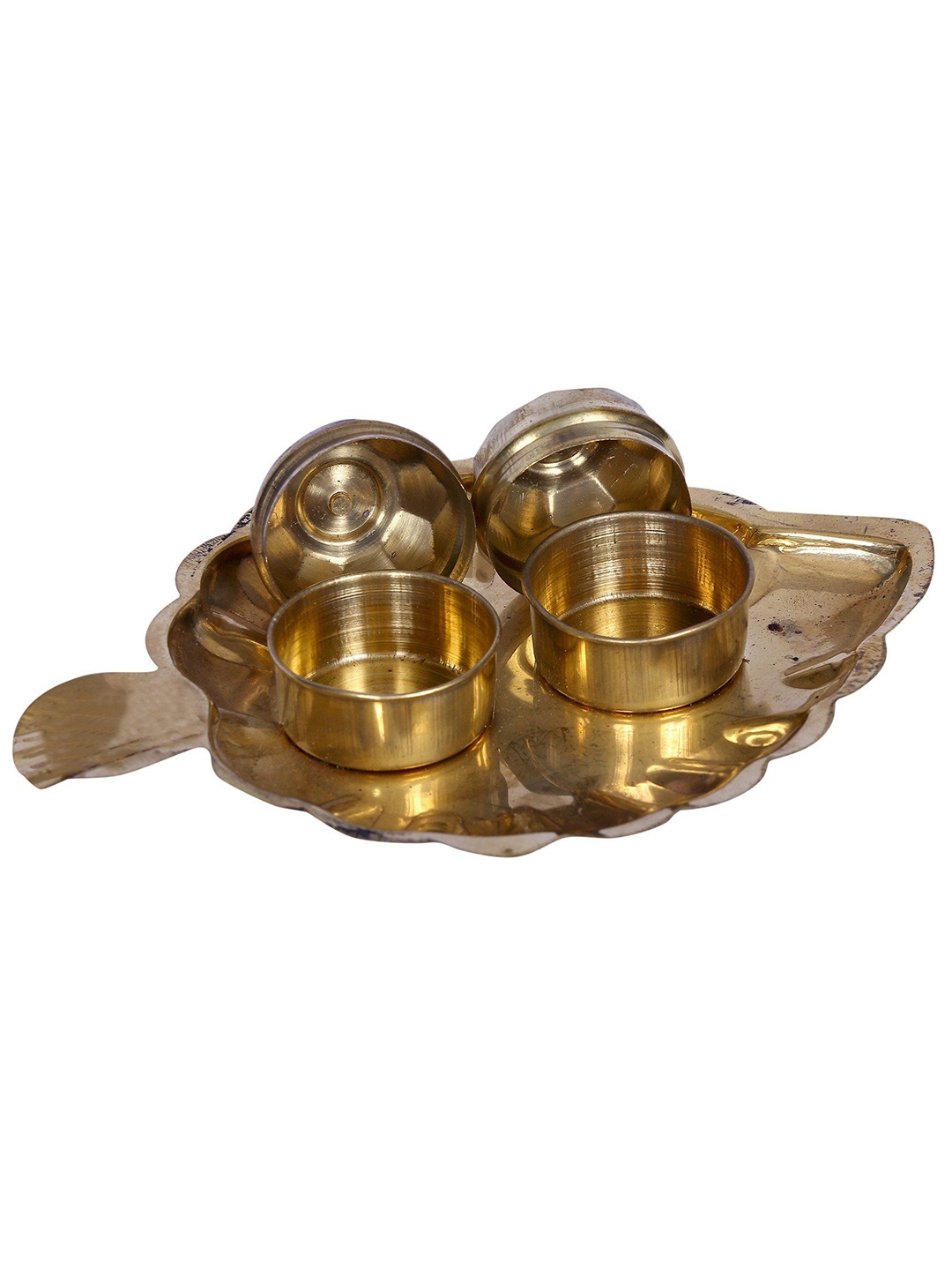 

Exotic India Gold Toned 3 Pieces Brass Kumkum Bowls With Leaf Plate