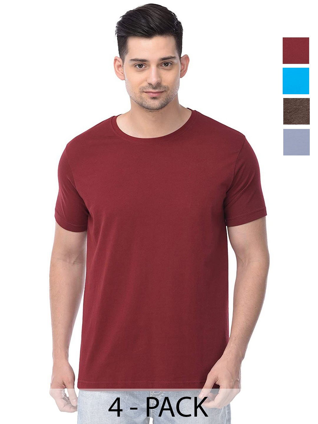 

COLOR CAPITAL Unisex Pack Of 4 Solid Round Neck Cotton T-shirts, Maroon