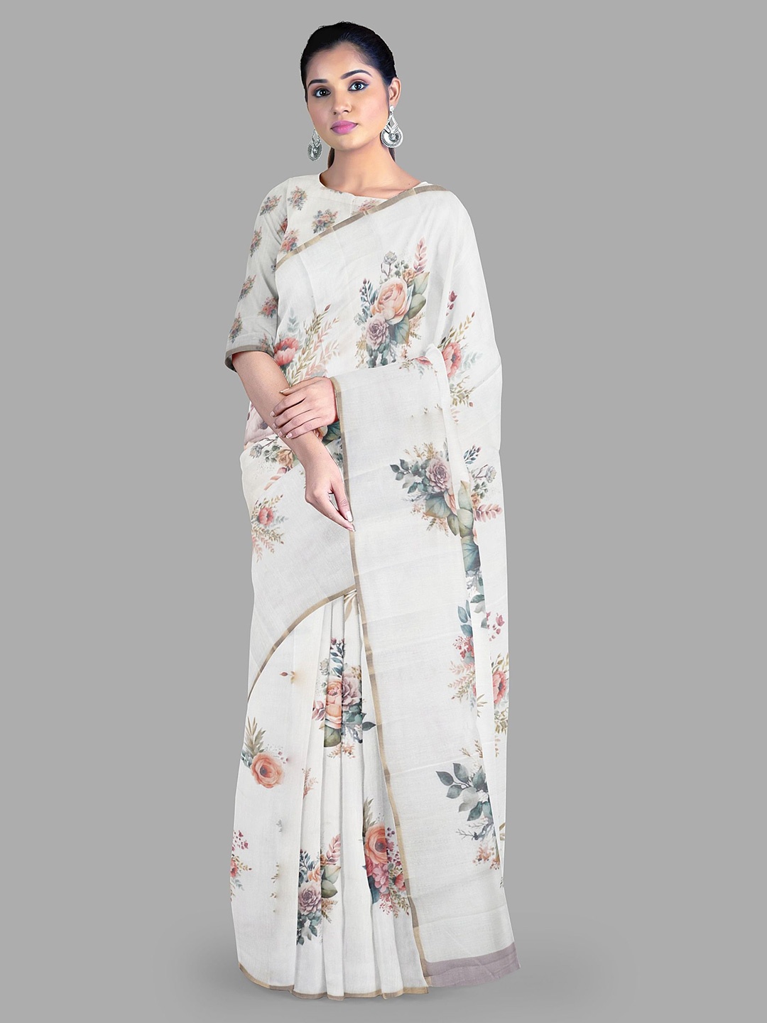 

The Chennai Silks Floral Printed Zari Chanderi Saree, Off white