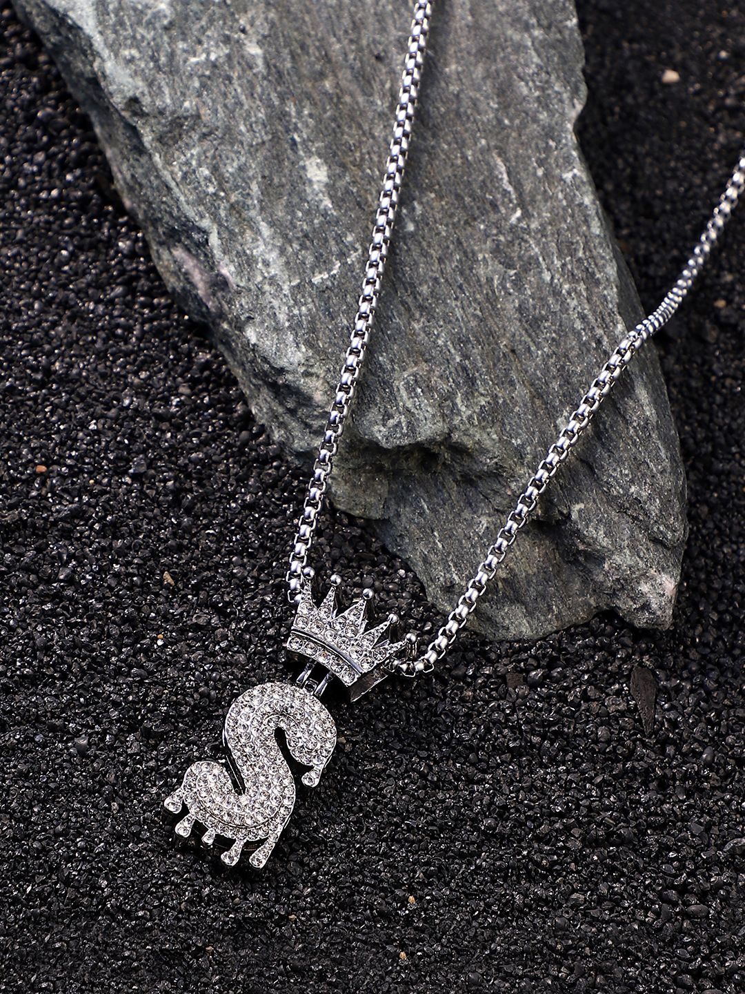 

French Accent Men Silver Plated Stone Studded Alphabet S Pendant With Chain