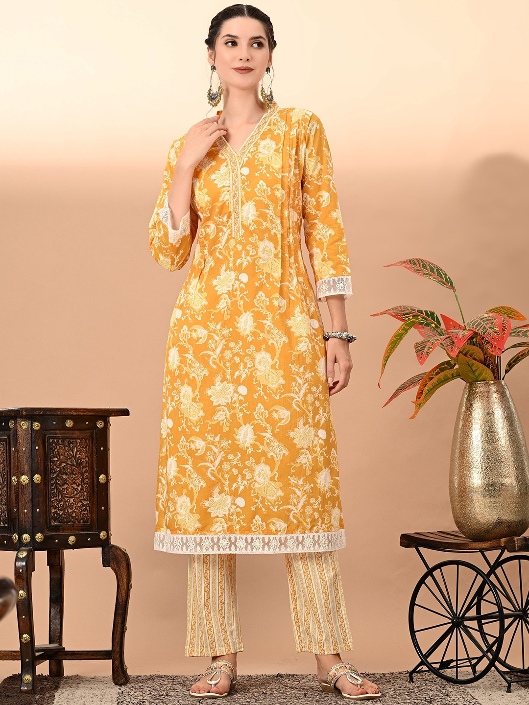 

KALINI Floral Printed Sequinned Pure Cotton Straight Kurta With Trousers, Mustard