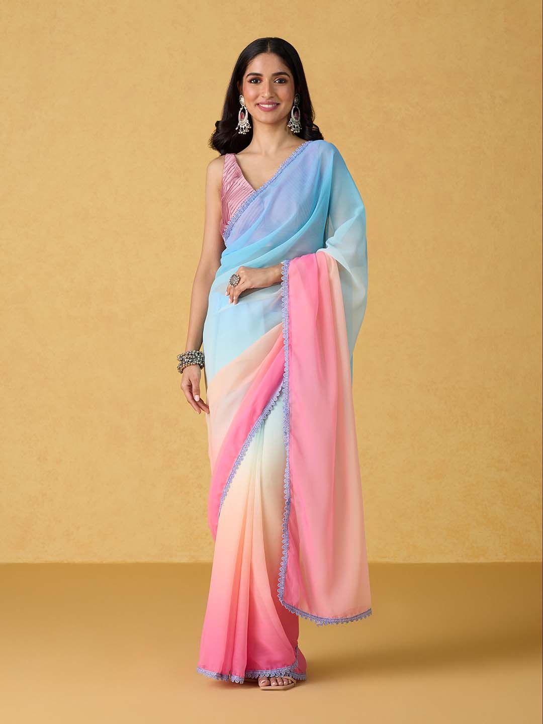 

Likha Ombre Colourblocked Embroidered Saree, Pink