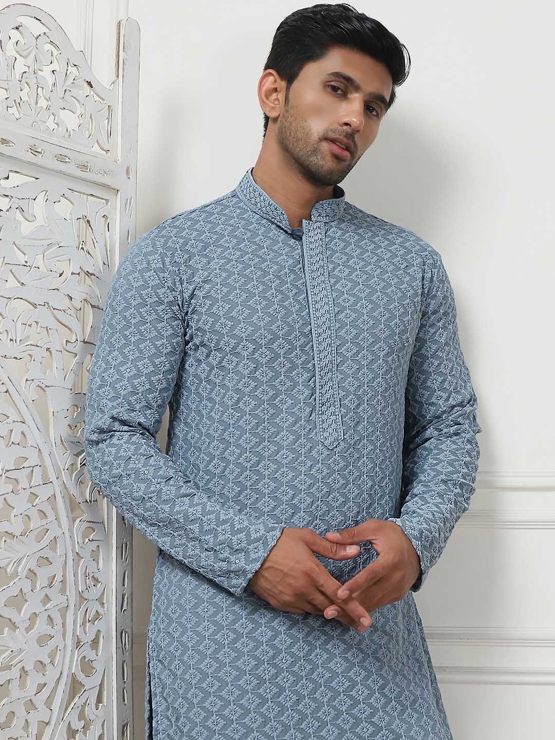 

Anouk Grey Floral Embroidered Sequinned Mandarin Collar Regular Kurta with Pyjamas